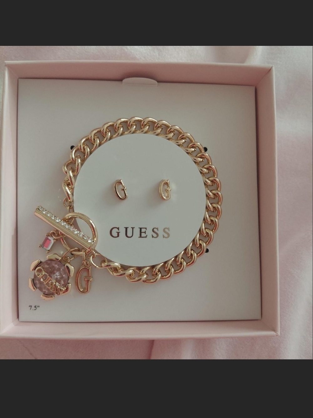 GUESS Rose Gold Charm Bracelet with G Initial Studs